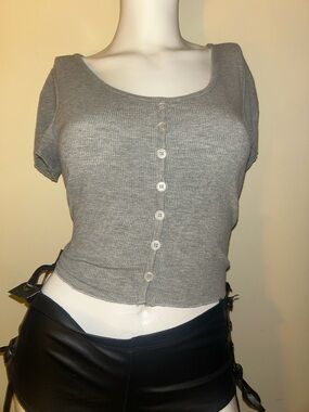Streetwear Society Grey Ribbed Button Crop Top